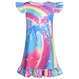 BSBUY Nachthemd Mädchen Kurzarm Schlafkleid Unicorn Nachthemden Kinder U-Ausschnitt Schlafanzug Kleid Mädchen Nachthemd Sommer Rosa Prinzessin Nightdress Hypoallergen Atmungsaktives Nachtkleid (110)