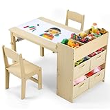 Kindertisch mit 2 Stühlen, Maltisch Kindersitzgruppe mit 4 Aufbewahrungskiste, Holz Kinder Tisch Stuhl Set mit Papierrolle, Kinder Schreibtisch Sitzgruppe für Kindertagesstätte Spielzimmer, Holzfarbe