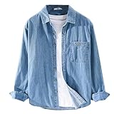 RUMAOZIA Jeanshemd Herren Langarm Weiche Baumwolle Zwei Taschen Schmale Passform Jeans Bequemes Cowboy Hemd, Klassisch Knopfleiste Sommer Tops für Herren Jeanshemden Regular Fit Freizeithemden