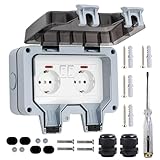 QUTIASE Außensteckdose Aufputz Wasserdicht IP66 mit Schalter und Licht, Gartensteckdose Wetterfest Schutzkontakt 2-fach, Outdoor Steckdose Wasserdicht, Wandsteckdose außen für Garten den Aussenbereich