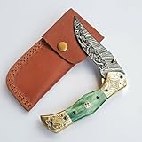 Craftomatik Damast Stahl Taschenmesser | Gravierte Stern Klappmesser | Kamelknochen, Gravierte Edelstahl, Mosaik Stift Griff | Handgefertigt Outdoor Damastmesser Camping Messer | FK37