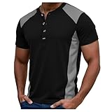 Genérico T-Shirt für Herren, Sommer, Waffelmuster, kurzärmelig, Rundhalsausschnitt, mit vier Knöpfen, für Frühling und Sommer, tägliches Training, Schwarz , Small