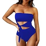 Pink Queen Damen Bandeau One Piece Badeanzug High Cut Bauchweg Trägerloser Tie Waist Monokini Bademode Saphirblau M