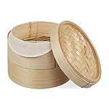 Relaxdays Bambus Dampfgarer, asiatischer Dämpfkorb mit 2 Etagen, für Dim Sum, Reis, Dampfgarer Einsatz, Ø 20,5 cm, natur, Hellbraun