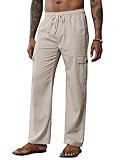 Breampot Herren Leinenhose Lang Leicht Sommerhose Baumwolle Cargo Loose Freizeithose mit Kordelzug (Khaki, Large)