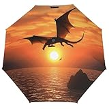 BVKWNTSA Manueller faltbarer Regenschirm mit Sonnenuntergang, fliegender Drache, bedruckt, für sonnige und regnerische Tage, Sommerreisen und regnerische Tage, sonnige und regnerische Tage