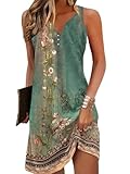 ROFUSSO Damen Sommerkleider Boho Strandkleid Lässig Ärmellos Tankkleid Elegant Bohemian Trägerkleid V-Ausschnitt Blumen Minikleid S-2XL