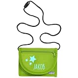 minimutz Geldbeutel mit Sichtfenster zum Umhängen | Motiv Sterne & Namensdruck | Brustbeutel personalisiert Geldbörse Kindergeldbeutel Kinder Mädchen Jungen mit Klettverschluss (grün)