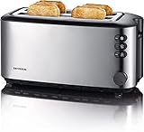 Severin Doppel-Langschlitztoaster mit eingebautem Brötchen-Aufsatz, für 4 Brotscheiben, Brotscheibenzentrierung, Aufwärm- und Defroster-Stufe, Edelstahl gebürstet, schwarz, 1.400 W, AT 2509