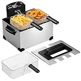 Friteuse, 5 Liter Friteuse mit Fett Kaltzone, 2000Wöl Fritteuse, Temperaturregler, Stufenloser Temperaturregler Bis 190°C, Edelstah XLFritteuse mit 3 Frittierkorb, Deep Fryer Für Familien 6-7 Personen