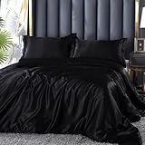 DXHOME Satin Bettwäsche 135x200 Schwarz Glänzend Seiden Bettwäsche Set Einfarbig Glatt Luxus Glanzsatin Microfaser Bettwäsche Bettbezug Set Einzelbett mit Reissverschluss und Kissenbezug 80x80 cm