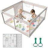 Cafolatt laufstall baby, laufgitter baby 120x120cm, laufstall Spielbereich mit atmungsaktiver Netzmatratze, rutschfester Basis & extragroßem