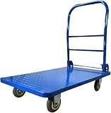 Flachbett-Handwagen, robuster Plattformwagen aus Metall mit flexiblen Schwenkrädern und klappbarem Griff für hohe Belastung in Fabriken und Lagern