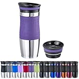 WELLGRO Thermobecher 400 ml + 1 Extradeckel - Edelstahl rostfrei - Silikon Soft-Touch Griffstück - BPA-frei - Isolierbecher doppelwandig - Travel Mug - Kaffeebecher to go, Farbe:Lila
