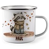 miKalino Emaille Tasse süßes Waschbär Motiv Waldtier personalisiert mit Namen Kinder Becher mit Motiv – Emaille Becher für Jungen & Mädchen – Camping Tasse leicht & robust Geschenkidee Kindertasse