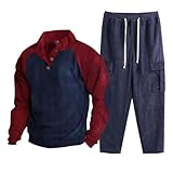 Herren Cord-Patchwork-Pullover und gestreifte Jogginghose, langärmelig, halbe Knopfleiste, Sweatshirt mit Cargotaschen, Retro, lässig, warm, Trainingsanzug, Winter, Outdoor- und Indoor-Loungewear,