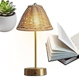 Tischlampe aus Rattan – tragbare Nachttischlampe, batteriebetrieben, 3 Stufen, Vintage-Lampe, wiederaufladbar über USB | Bequeme Bürobeleuchtung für Arbeitszimmer, Schlafsaal, Computer, Ar