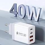 Ladegerät USB C 40 W mit 4 Ports (2 Typ-C + 2 Typ-A), Schnellladegerät, Technologie PD & QC 3.0, hohe Sicherheit, Universal-Netzteil, kompatibel mit iPhone, Samsung Galaxy, iPad, Tablet, EU-Stecker