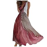 Sommerkleider Damen Sexy Lässig V-Ausschnitt Ärmellos Blumendruck Strandkleider A-Linie Maxikleid Partykleid Freizeitkleid Hohe Taille Tunikakleid 7#Rot L