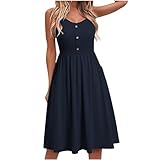 Yageshark Sommerkleid Damen Einfarbig Spaghetti Swing Strandkleid Knielang A-Linien Knopf Kleid Midikleid (Navy,Medium)