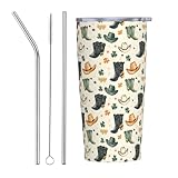 Kawaii Becher mit Cowboystiefel-Aufdruck, mit Deckel und Strohhalm, 590 ml, isolierte Becher, Edelstahlbecher, personalisierbar, Reisebecher, Wasserflasche