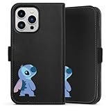 Klapphülle kompatibel mit Apple iPhone 13 Pro Handyhülle aus Kunst Leder schwarz Flip Case Lilo & Stitch Fanartikel Disney