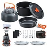 Lixada Camping Geschirr Set 16-teiliges Kochgeschirr Set mit Wasserkocher Campingtopf und Pfanne Teller Gabeln Messer Löffel für Outdoor Wandern Picknick BBQ 2-3 Personen