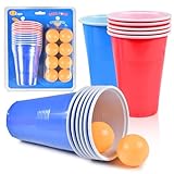 FGen Beer Pong Becher Set,50 Blaue & Rote Plastikbecher Mehrweg+10 Tischtennisbälle,473ml/16oz Bierpong,Partybecher Wiederverwendbar Plastik Becher