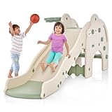 COSTWAY Rutsche Outdoor, 4 in 1 Kinder Rutsche & Tunnel & Basketballkorb & Leiter, Elefant Kinderrutsche In- und Outdoor, für Kinder ab 18 Monaten