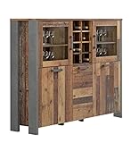 FORTE Clif Highboardvitrine mit 3 Türen unf 2 Glastüren, Holzwerkstoff, Old –Wood Vintage/ Betonoptik Dunkelgrau, 151,3 x 125,4 x 41,5 cm