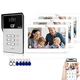 4-adriges Video-Gegensprechsystem für 3 Wohneinheiten,7-Zoll-Touchscreen-Türsprechanlage mit 3-in-1-Entriegelung, Zwei-Wege-Audio,Innen-/Außenüberwachung für Apartment-Villa (Weiß)