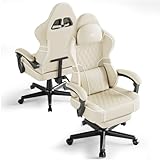 Ferghana Ergonomischer Gaming-Stuhl mit Massagegerät, Gamerstuhl aus atmungsaktivem PU-Leder, Lendenwirbelstütze, Kopfstütze, Fußstütze, Bürostuhl, ergonomischer PC-Stuhl (Beige, PU-Leder)