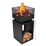 BBQ Collection Feuertonne mit Funkenschutz - Feuerkorb 39 x 39 x 85 cm - Gartenkamin für Brennholz - Terrassenofen mit Schürhaken und Brennholzlager - Deko Terrasse - Karbonstahl