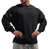 Muscle Alive Herren Basic Langarmshirts Waffel Sweatshirt Lockere Trainieren Zur Seite Fahren Rundhalsausschnitt Shirt Schwarz XL
