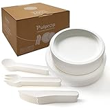 Pulprop 250 Stück Umweltfreundlich Biologisch Abbaubare Geschirr Set, Einweggeschirr Set, Natürliches Einweg Bagasse Teller-Set, Pappteller Messer Löffel Gabeln für Camping Grill BBQ Party 50 Personen