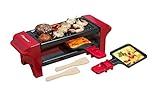 Bestron Raclette für 1 bis 2 Personen, Mini Tischgrill mit zwei Pfännchen und zwei Holzschabern, 350 Watt, Farbe: Rot/Schwarz