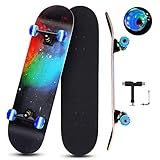 GIEMIT Standard-Skateboard, komplettes Skateboard für Anfänger, Kinder, Jugendliche und Erwachsene mit bunten LED-Leuchträdern, 7 Schichten Ahornholz, Skateboards mit All-in-1-Skate-T-Werkzeug