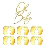 YUZNA Oh Baby Cake Topper,und 6 dekorative Fußabdrücke,Acryl Kuchen Topper Babyparty Tortendeko Windeltorte Gender Reveal Partydeko Kuchenaufsatz für Baby Shower (Gold)