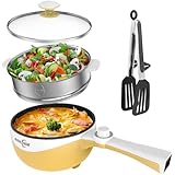 Audecook Elektrischer Topf mit Dampfgarer, 1.7L Mini Elektrische Bratpfanne für Wohnheim Antihaftbeschichtung, Hot Pot Elektrisch Perfekt für Ramen/Steak/Ei/Braten/Suppe/Haferflocken(Gelb)