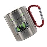 CreaLuxe Edelstahltasse mit Karabiner 'Leg dich niemals mit einem Angler an - wir kennen Plätze' Tasse bedruckt, Kaffeetasse, Bürotasse, Metalltasse mit Name