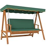 Outsunny 2 in 1 Hollywoodschaukel mit Liegefunktion, 3-Sitzer Gartenschaukel aus Holz, Holzschaukel mit Sonnendach Sitzauflage, Schaukelbank bis 330kg, für Garten, Terrasse, 236x130x181 cm, Dunkelgrün