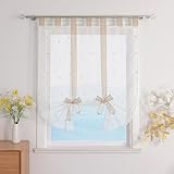 ESLIR Raffrollo mit Schlaufen Raffgardinen Gardinen Küche Bindegardine Transparent Schlaufenrollo Vorhänge mit Stickerei Modern Voile Sand BxH 140x140cm 1 Stück