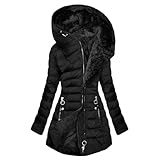 Wintermantel Damen Warm Gefüttert Steppjacke Lange Elegant Damenmantel Langarm Winter Parka Jacke mit Kapuze Winterparka Mantel Einfarbig Bequemes Sportjacke Winddicht Outdoorjacke, Schwarz S