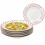 MamboCat 6er Set Suppenteller Rot gepunktet I 200ml, Ø20,5cm I tiefe Teller aus Steingut I weiß mit roten Punkten I Teller für Suppe, Pasta & Eintopf