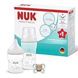 NUK Perfect Match Babyflaschen & Schnuller-Set | 0–3 Monate | 2 x Anti-Kolik-Flaschen (150 ml, 260 ml), 1 x Perfect Match Air Schnuller | Regenbogen | 4-teilig