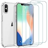 Whioltl Klar Hülle für iPhone X und XS mit 3 Stück Panzerglas Schutzfolie, 4 in 1 Durchsichtige Kratzfest Stoßfest Handyhülle, Rundumschutz Nicht Vergilbend Schutzhülle, Transparent Weiches Case Cover