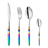 BISDARUN Edelstahl-Besteck für 1 Personen regenbogenfarbener Griff schillerndes Besteck-Set 4-teilig umweltfreundliches Besteckservice Geschirr-Set für Party Outdoor Camping Reisen Spülmaschinenfest