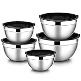 Rührschüssel 5er Set, HaWare Edelstahl Salatschüssel Schüssel Set mit Luftdichtem Deckel - 4.5L/ 2.7L/ 1.5L/ 1.2L/ 0.7L, Ideal zum Kochen/Backen/Aufbewahrung, Stapelbar & Spülmaschinenfest - Schwarz