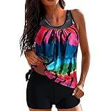 Tankini Damen Set, Bademode Bauchweg Set Freizeit Zweiteiler Tankinis Push up Top Badeanzug Mehrfarbig Sommer Elegant Badeanzüge Strandmode mit Dreieck Unterhosen (A1-Hellblau,XXL)