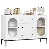 FirFurd 120cm Breit Sideboard Küchenschrank mit 2 Glastüren 3 Schubladen, Buffetschrank Holz, Aufbewahrungsschrank für Küche Wohnzimmer Esszimmer 120 x 38 x 80 cm Weiß